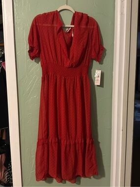 Nanette Lepore Red Midi Dress with Smocked Waist